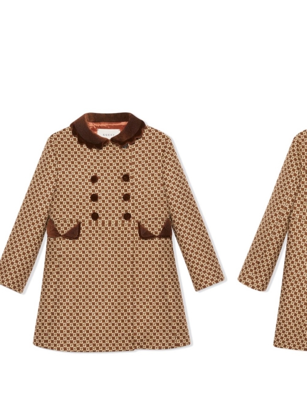 Gucci Brown & Cream GG Motif Double-Breasted Girls' Pea Coat